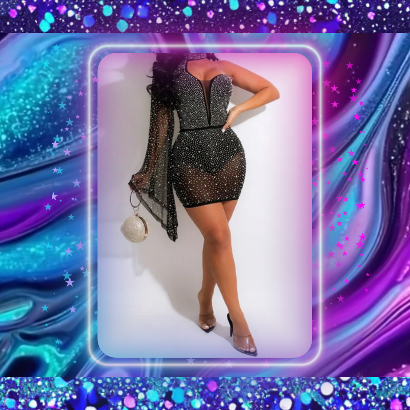Mesh Rhinestone One Shoulder Dresses